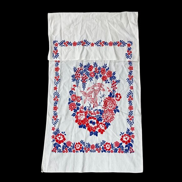 Vintage Wall Hanging Curtain Tapestry Towel Floral Ducks Red Blue Cotton 1950s - Picture 2 of 12